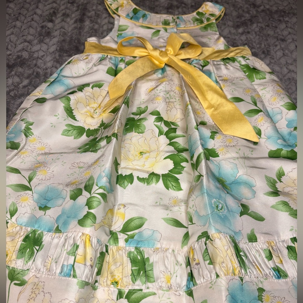 Janie and Jack Yellow and Blue Floral Silk Dress with Bird Details sz 3T - Picture 5 of 6